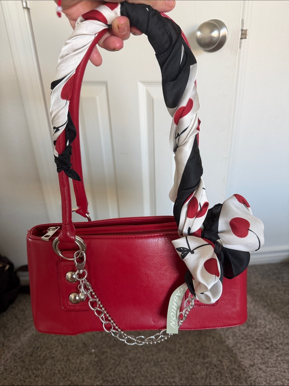 Chic Red Women’s Shoulder Bag with Decorative Scarf and Chain Accent